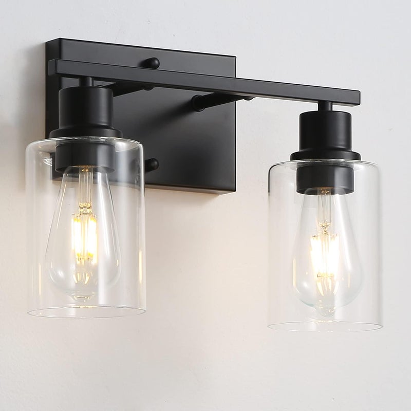 EMONG 2-Lights Bathroom Light Fixtures, Matte Black Vanity Light with Glass Shade, Modern Wall Sconces Lighting for Bathroom,Mirror,Farmhouse,Hallway - Image 1